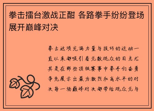 拳击擂台激战正酣 各路拳手纷纷登场展开巅峰对决