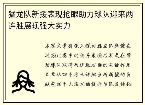 猛龙队新援表现抢眼助力球队迎来两连胜展现强大实力