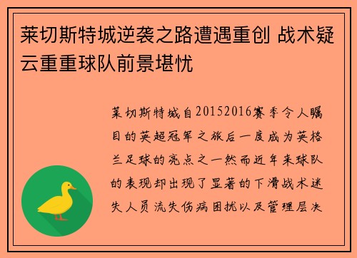 莱切斯特城逆袭之路遭遇重创 战术疑云重重球队前景堪忧