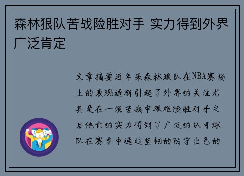 森林狼队苦战险胜对手 实力得到外界广泛肯定