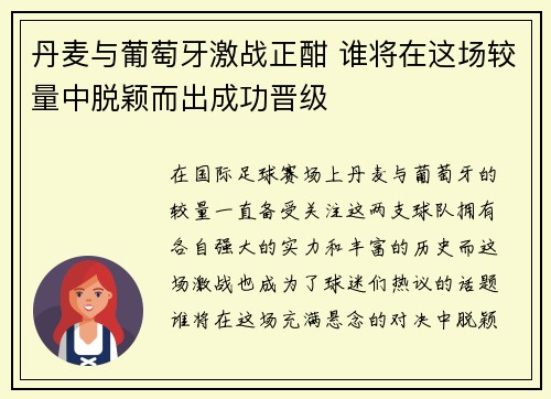丹麦与葡萄牙激战正酣 谁将在这场较量中脱颖而出成功晋级