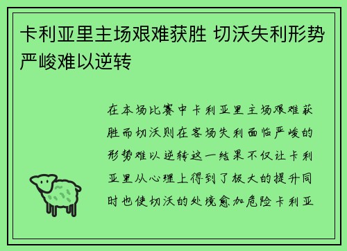 卡利亚里主场艰难获胜 切沃失利形势严峻难以逆转